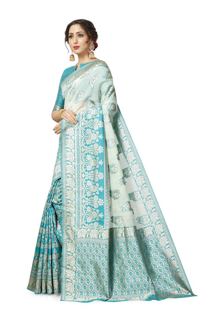 Aqua  Blue Applique Work Cotton Saree with Blouse Piece