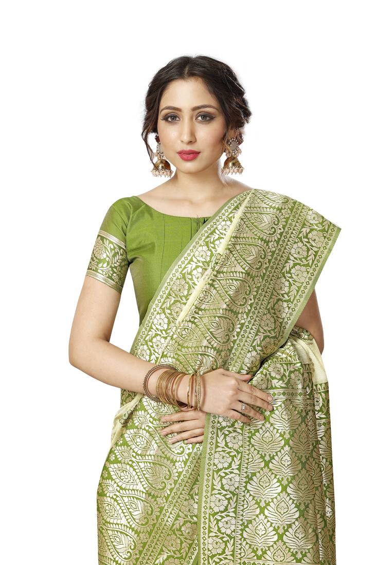 Women's Cotton Blend Sea Green Printed Designer Saree With Blouse Piece