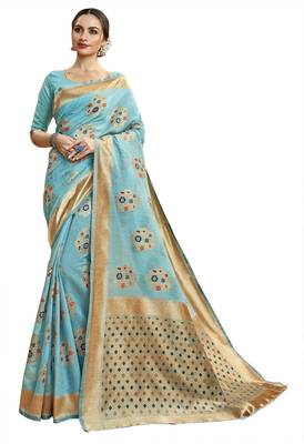 Sky blue woven cotton saree with blouse 1