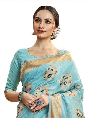 Sky blue woven cotton saree with blouse 2