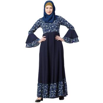 Printed Frilled abaya- Navy Blue 1