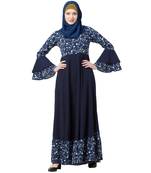 Printed Frilled abaya- Navy Blue