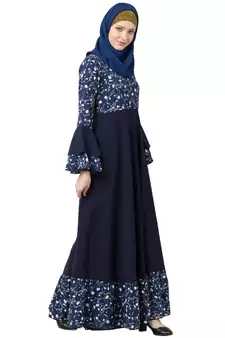 Printed Frilled abaya- Navy Blue