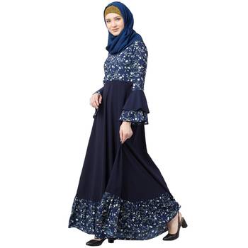 Printed Frilled abaya- Navy Blue 3