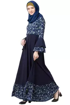 Printed Frilled abaya- Navy Blue