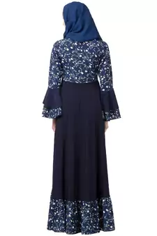 Printed Frilled abaya- Navy Blue