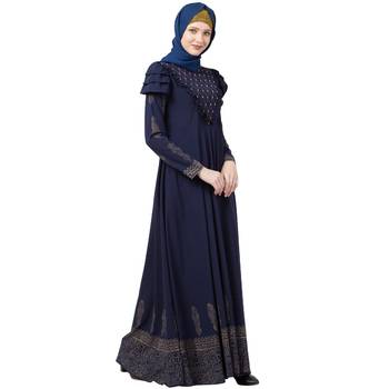 Designer printed Umbrella abaya with handwork- Navy Blue 2