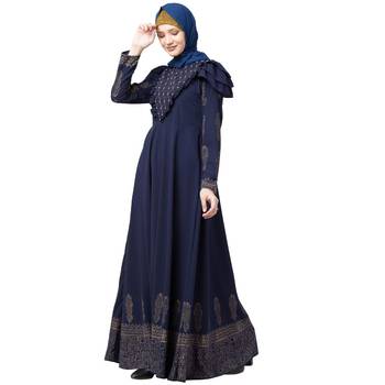 Designer printed Umbrella abaya with handwork- Navy Blue 3