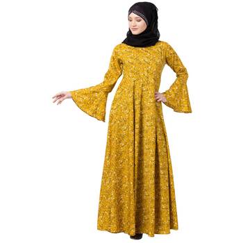 Mustard printed Umbrella abaya with bell sleeves 1