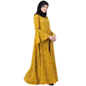 Mustard printed Umbrella abaya with bell sleeves 2