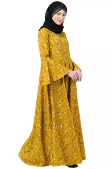 Mustard printed Umbrella abaya with bell sleeves