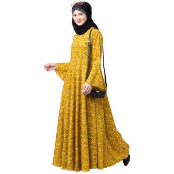 Mustard printed Umbrella abaya with bell sleeves 3