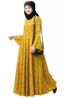 Mustard printed Umbrella abaya with bell sleeves