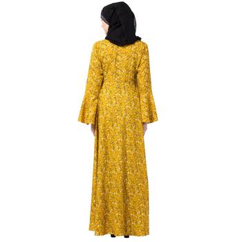 Mustard printed Umbrella abaya with bell sleeves 5