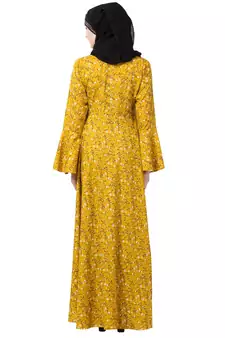 Mustard printed Umbrella abaya with bell sleeves
