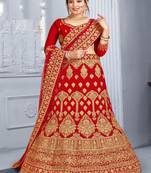 Blood-red embroidered velvet semi stitched lehenga