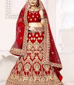 Blood-red embroidered velvet semi stitched lehenga