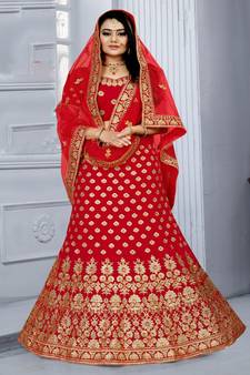 Scarlet-red embroidered velvet semi stitched lehenga