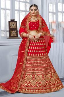 Red embroidered velvet semi stitched lehenga