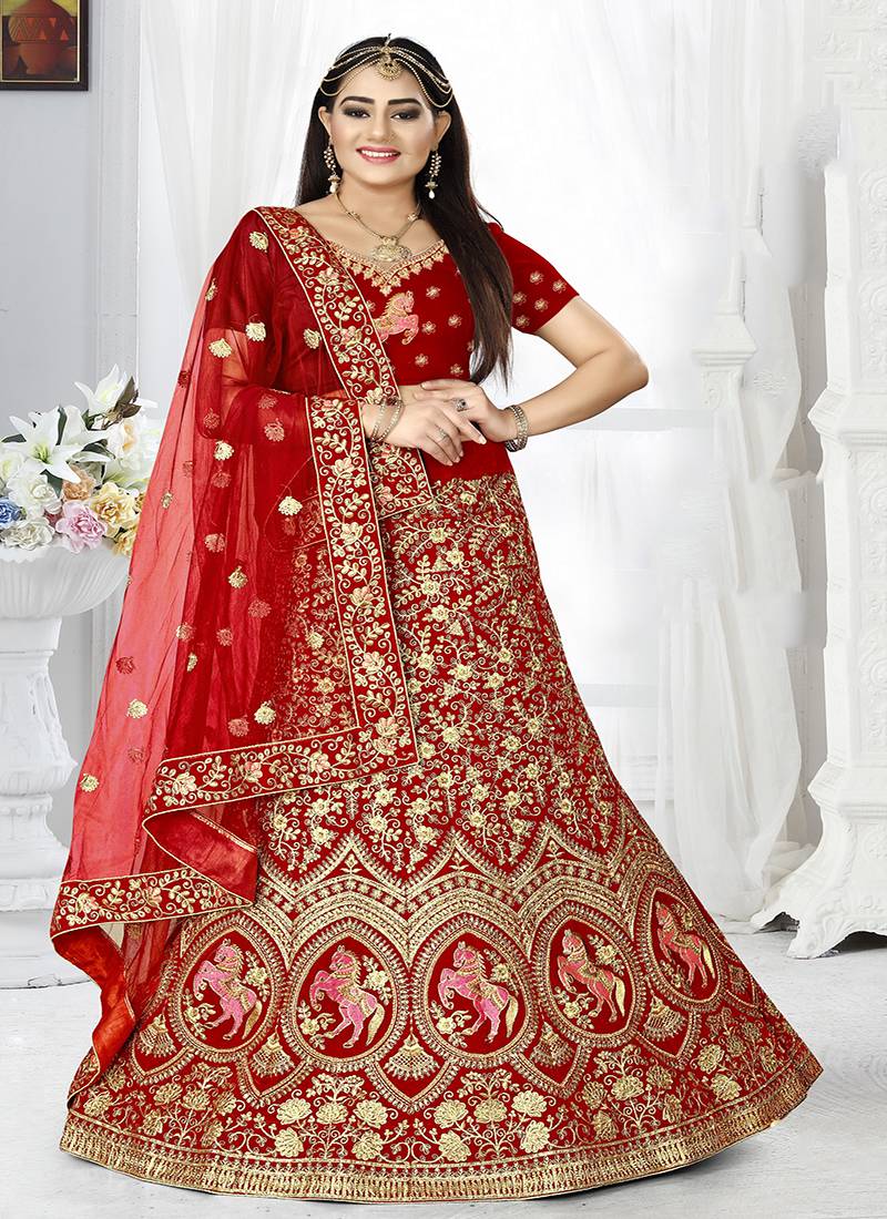Red embroidered velvet semi stitched lehenga - Monjolika - 3267439