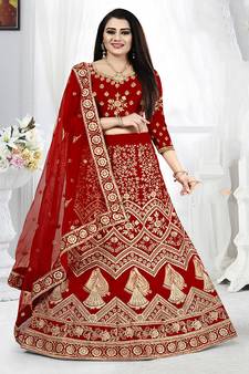 Dark-red embroidered velvet semi stitched lehenga
