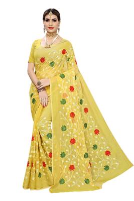 Yellow Chanderi Cotton Silk Embroidered Work Saree With Banglori Silk Blouse 1
