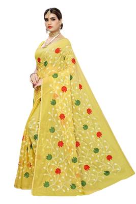 Yellow Chanderi Cotton Silk Embroidered Work Saree With Banglori Silk Blouse 2