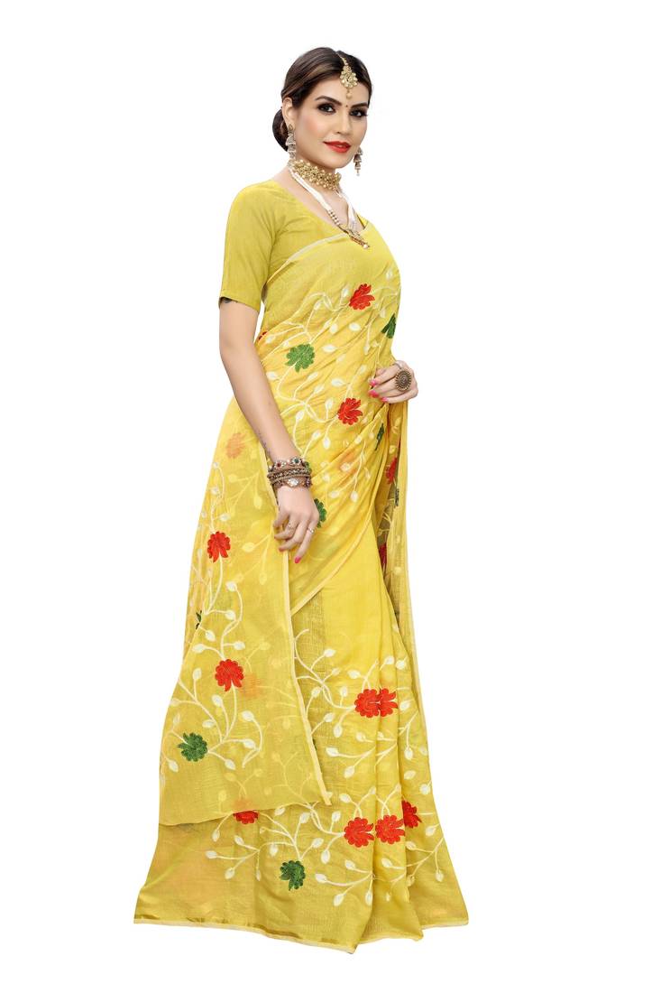 Yellow Chanderi Cotton Silk Embroidered Work Saree With Banglori Silk Blouse
