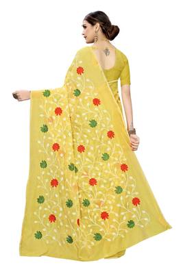 Yellow Chanderi Cotton Silk Embroidered Work Saree With Banglori Silk Blouse 4