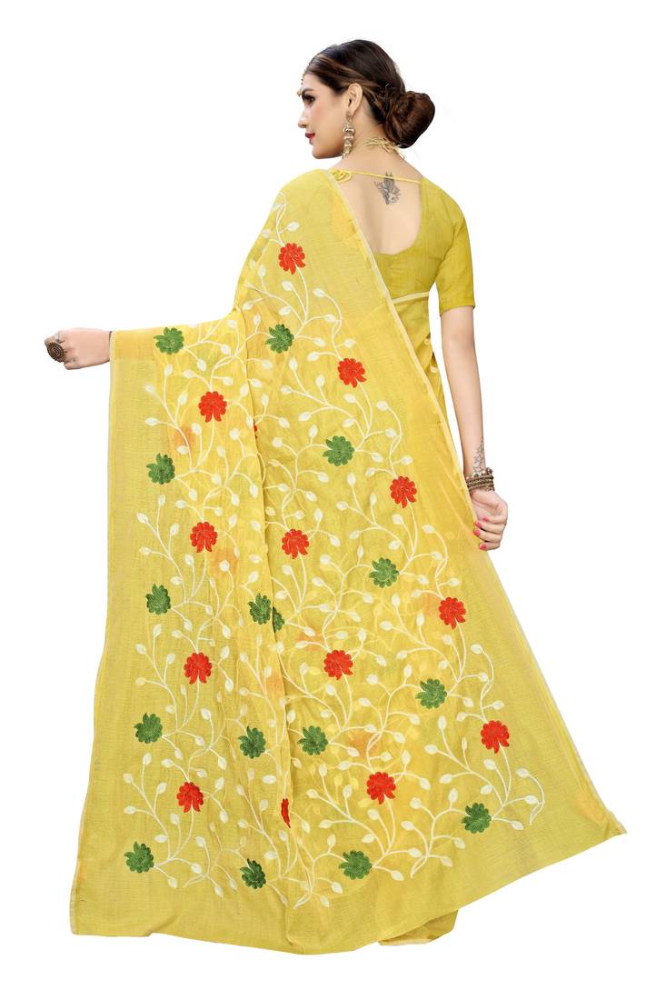 Yellow Chanderi Cotton Silk Embroidered Work Saree With Banglori Silk Blouse