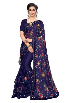  blue printed lycra saree with blouse 1