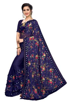  blue printed lycra saree with blouse 2