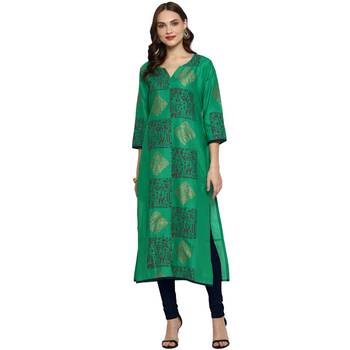 G COLLECTION Green printed cotton cotton-kurtis 1