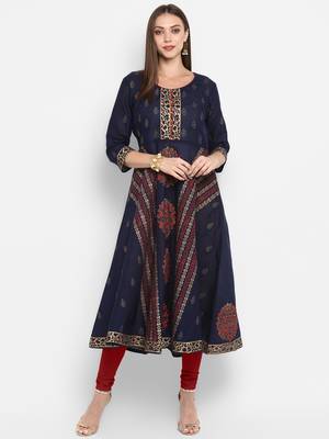 G COLLECTION Navy-blue printed cotton cotton-kurtis 1