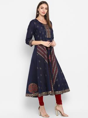 G COLLECTION Navy-blue printed cotton cotton-kurtis 2