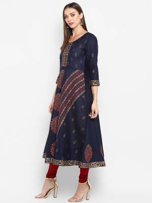 G COLLECTION Navy-blue printed cotton cotton-kurtis 3