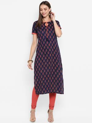 G COLLECTION Navy-blue printed cotton cotton-kurtis 1