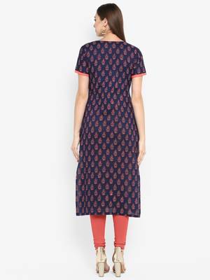 G COLLECTION Navy-blue printed cotton cotton-kurtis 3