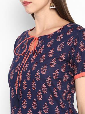 G COLLECTION Navy-blue printed cotton cotton-kurtis 4