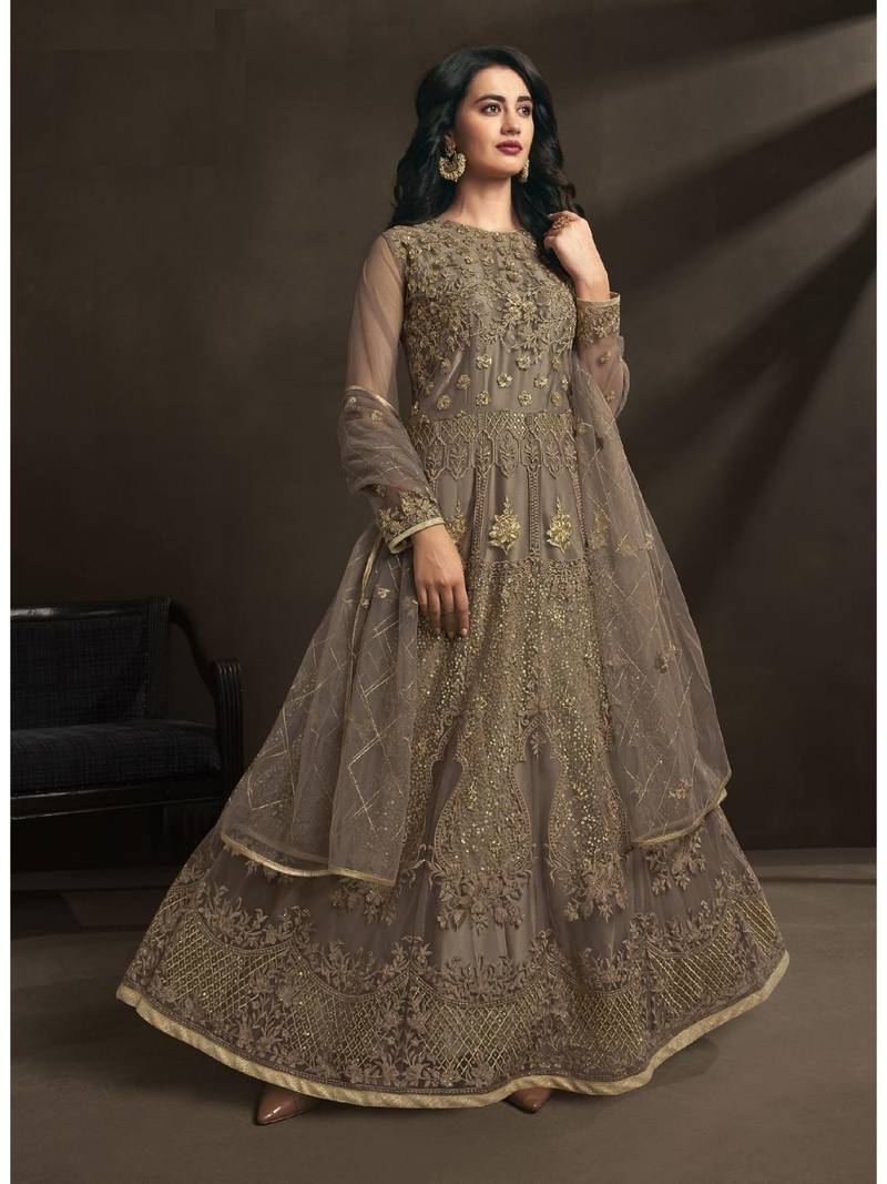 Light-Brown Embroidered Net Salwar