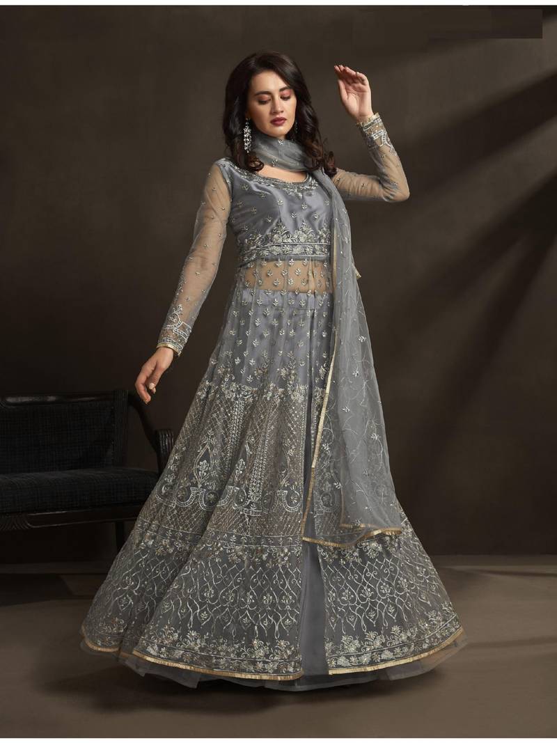 Grey Embroidered Net Salwar