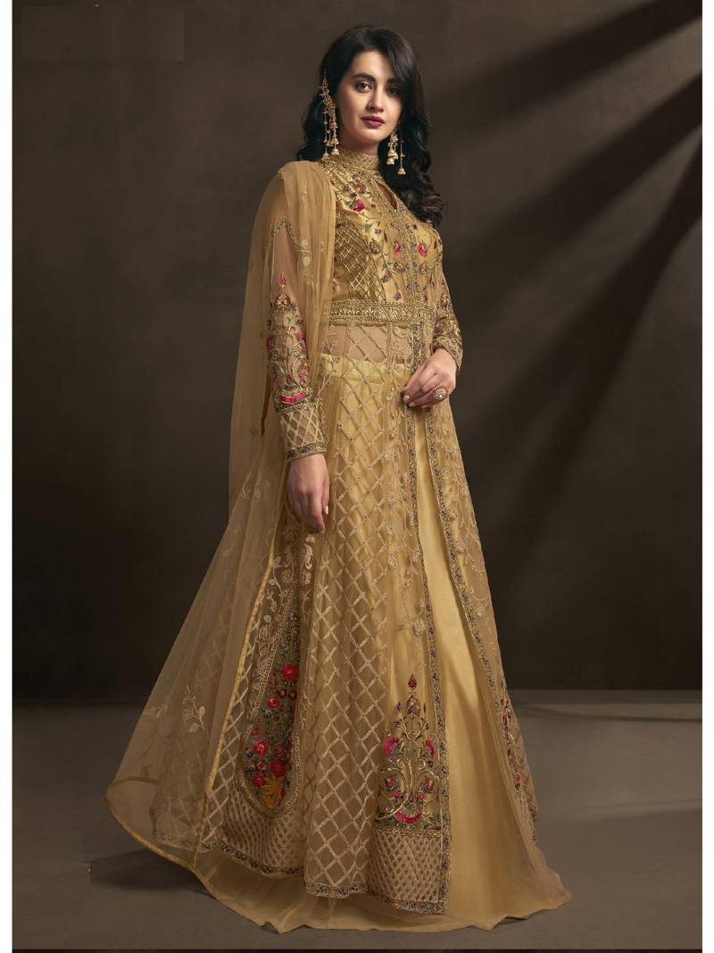 Mustard Embroidered Net Salwar