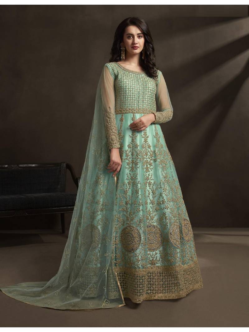 Sky Blue Embroidered Net Salwar