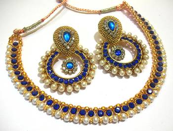 Dark Blue Pearl Polki Necklace Set 1