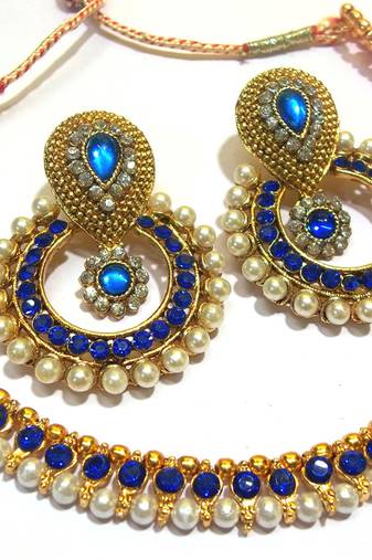 Dark Blue Pearl Polki Necklace Set