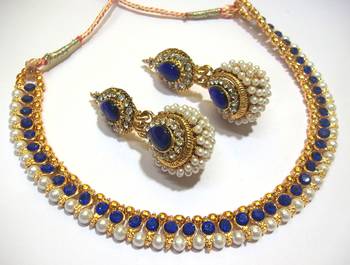 Dark Blue Big Gota Pearl Polki Necklace Set 1