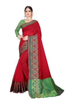 Red plain cotton saree with blouse