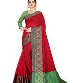 Red plain cotton saree with blouse