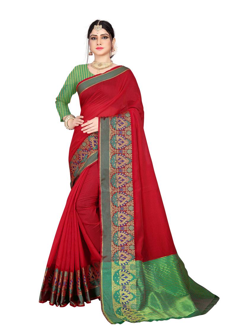 Red plain cotton saree with blouse