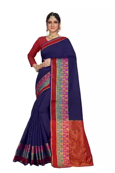 Navy blue plain cotton saree with blouse